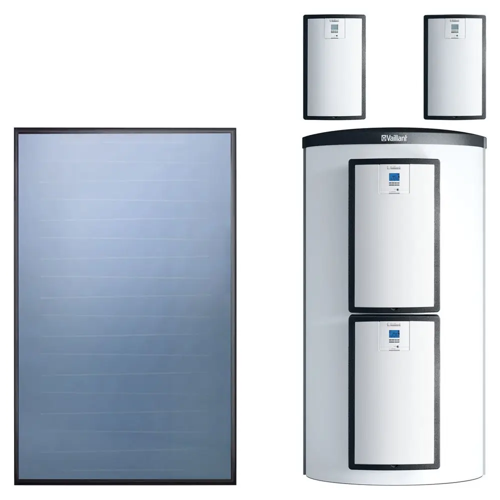 Vaillant Solarkollektor und Speicheranlage, bestehend aus einem Kollektor und einem großen Speicher mit zwei integrierten Einheiten, angeordnet in einem kompakten Design.